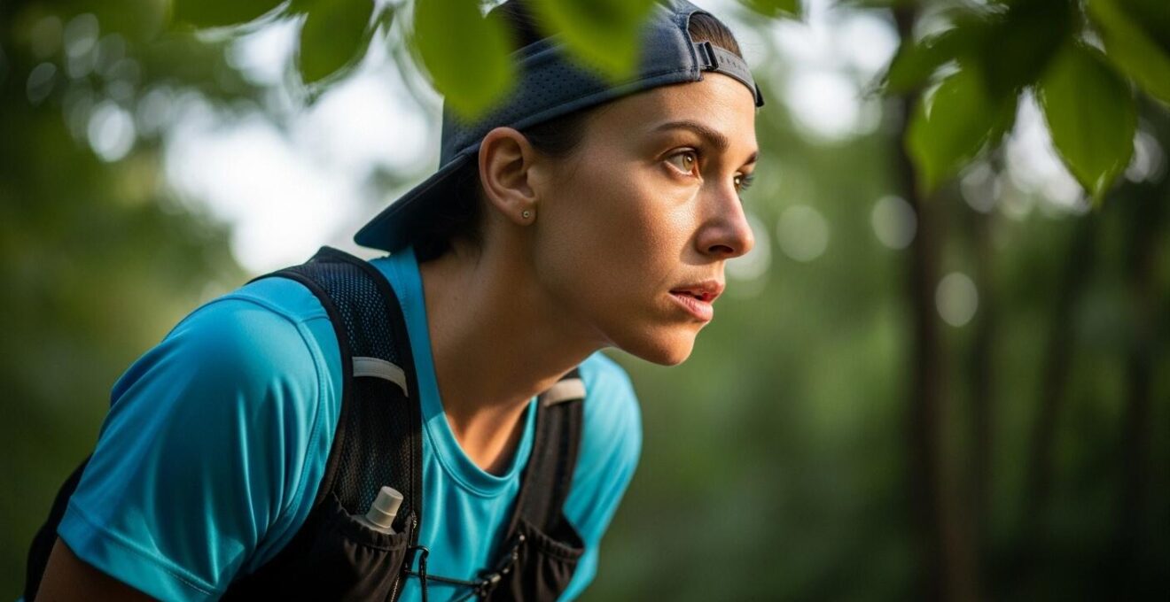 Photographie réaliste d'un coureur en train de s'arrêter sur un sentier naturel, essuyant son front, montrant une expression de concentration et de ressentis personnels durant son entraînement