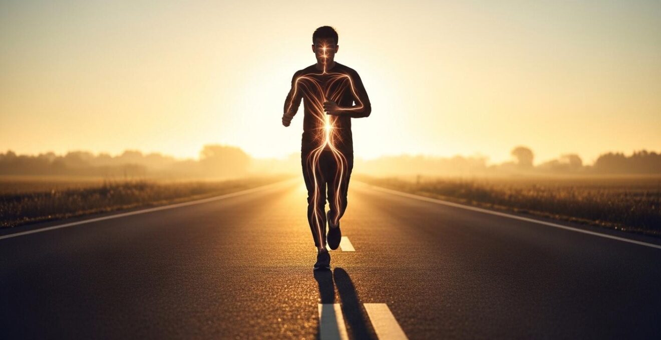 Photographie réaliste d'un coureur sur route à l'aube, silhouette dynamique évoquant l'énergie qui circule dans le corps, atmosphère inspirante et lumineuse.