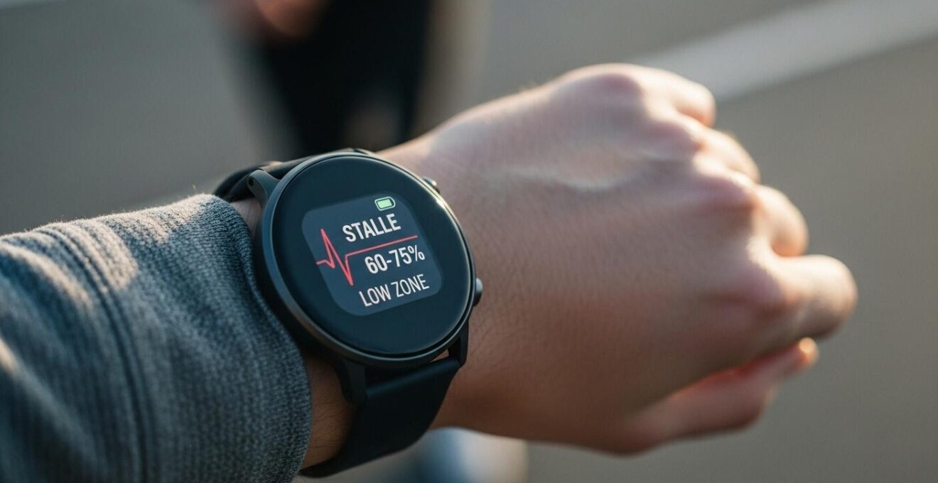 Illustration symbolique représentant une montre cardio affichant la fréquence cardiaque optimale en course lente