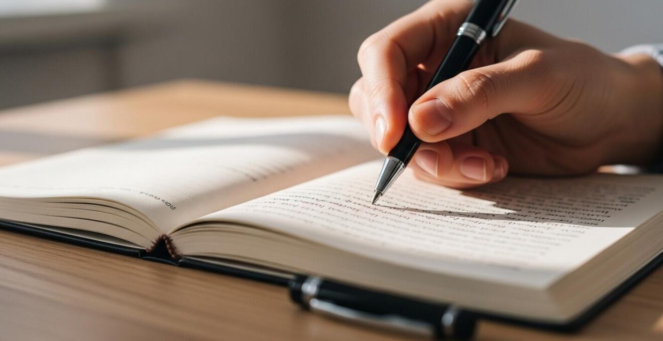 Gros plan sur une main écrivant dans un carnet ouvert, avec un stylo posé soigneusement à côté