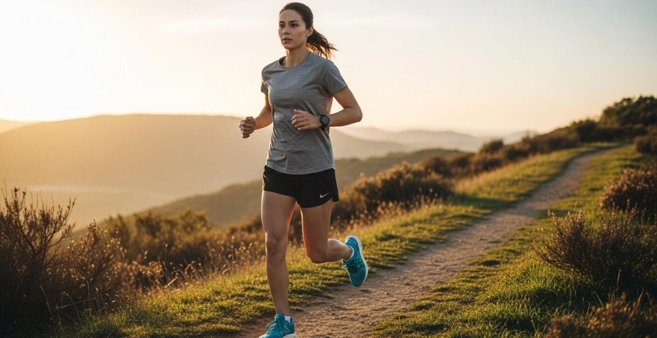 Coureuse sur un sentier naturel avec équipement de running confortable et chaussures amortissantes