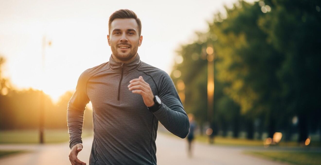 Un coureur en tenue sportive souriant traversant un parc urbain tôt le matin, avec en arrière-plan des gratte-ciels symbolisant un agenda chargé