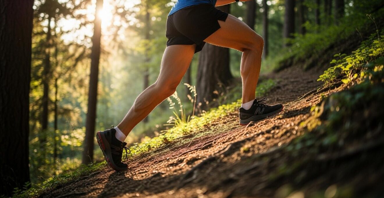 Coureur en montée sur un sentier naturel avec pente modérée, mettant en valeur le travail musculaire intense