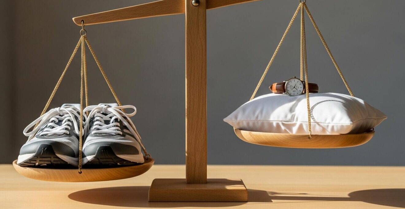 Photographie symbolique d'une balance déséquilibrée entre entraînement et récupération