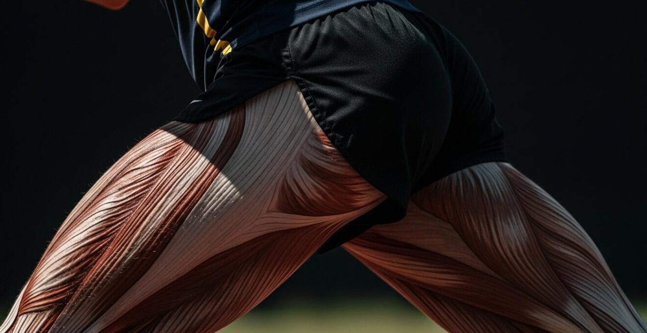 Gros plan sur la musculature des fessiers d'un coureur en pleine action mettant en valeur la puissance et la stabilité