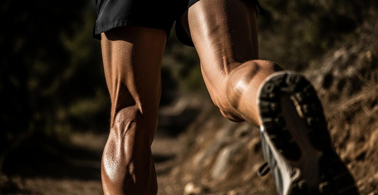 Un coureur en côte avec mise en lumière sur les muscles des quadriceps et mollets contractés