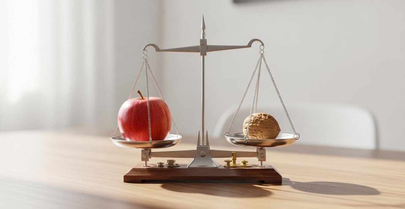 Scène métaphorique illustrant l'équilibre hormonal contrôlant la faim, avec une balance en équilibre entre un fruit et une noix.