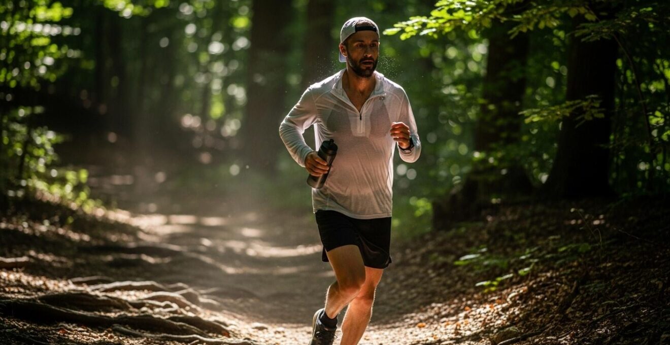 Photographie réaliste d'un coureur sur un sentier ensoleillé portant une casquette et une bouteille d'eau, s'hydratant