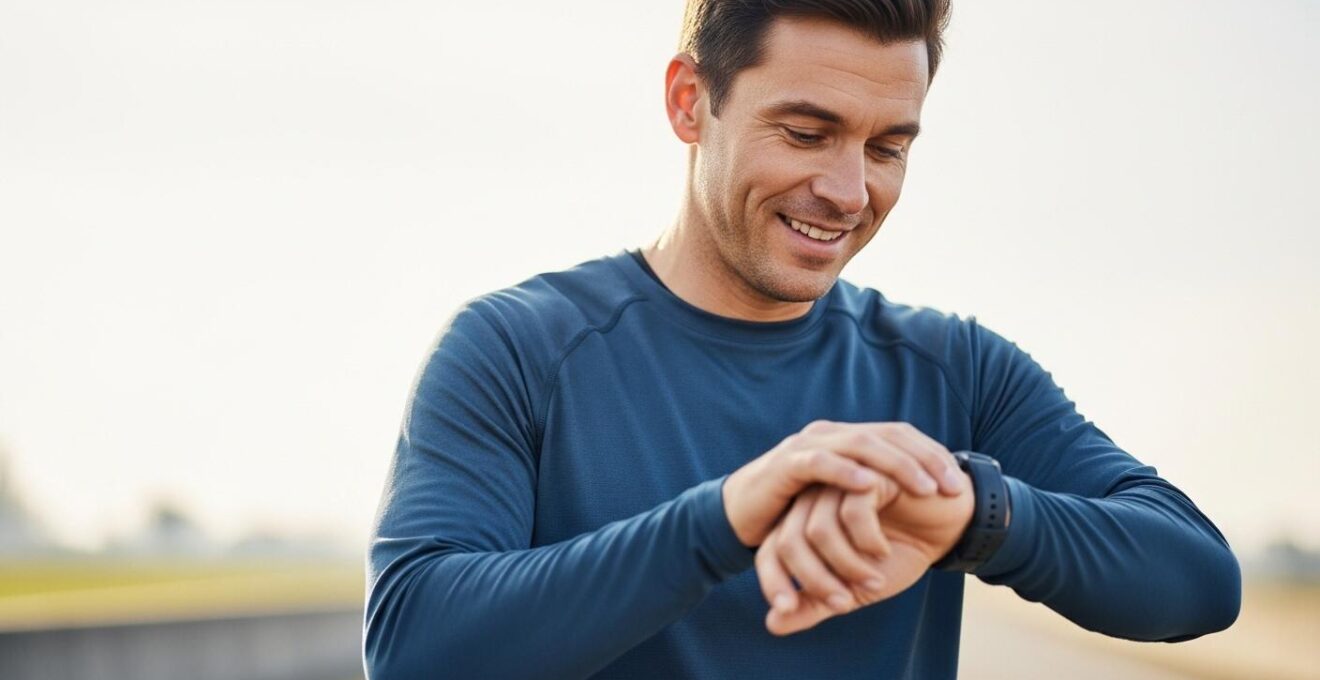 Photographie hyperréaliste montrant un coureur levant sa montre sportive en souriant, exprimant un contrôle conscient de son effort