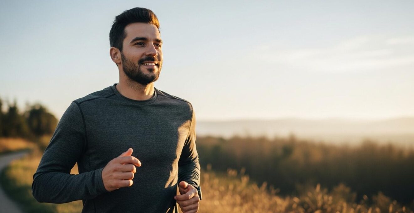 Photographie d'un coureur solitaire en train de trottiner doucement sur un sentier naturel verdoyant au lever du soleil