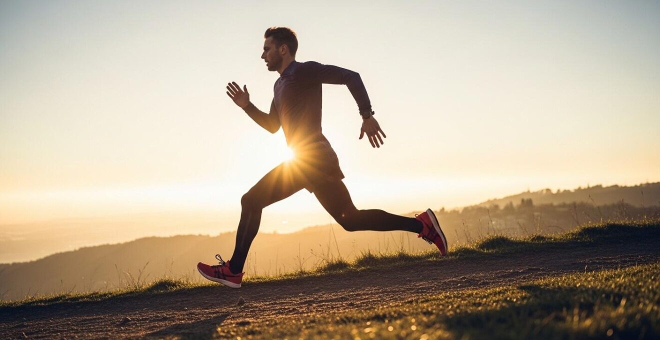 Coureur dynamique en plein effort sur un chemin vallonné au lever du soleil