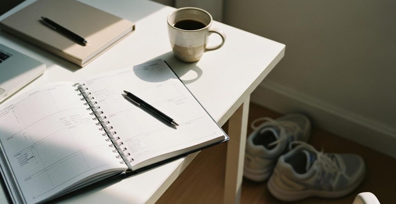 Un bureau épuré avec un agenda ouvert, un café à côté, et une paire de chaussures de course prête à chausser