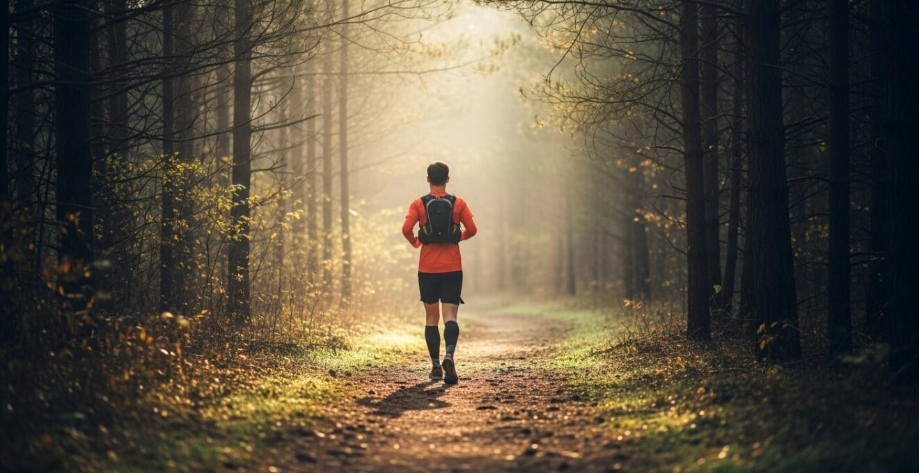 Coureur en pleine progression graduelle sur un sentier en forêt, dans une lumière naturelle douce