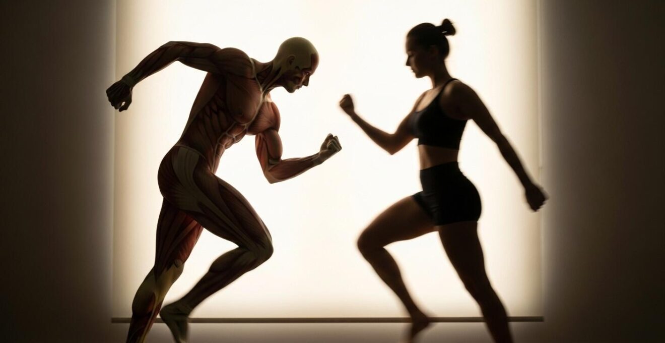 Balance symbolique entre masse grasse réduite et masse musculaire accrue représentée par deux silhouettes en mouvement