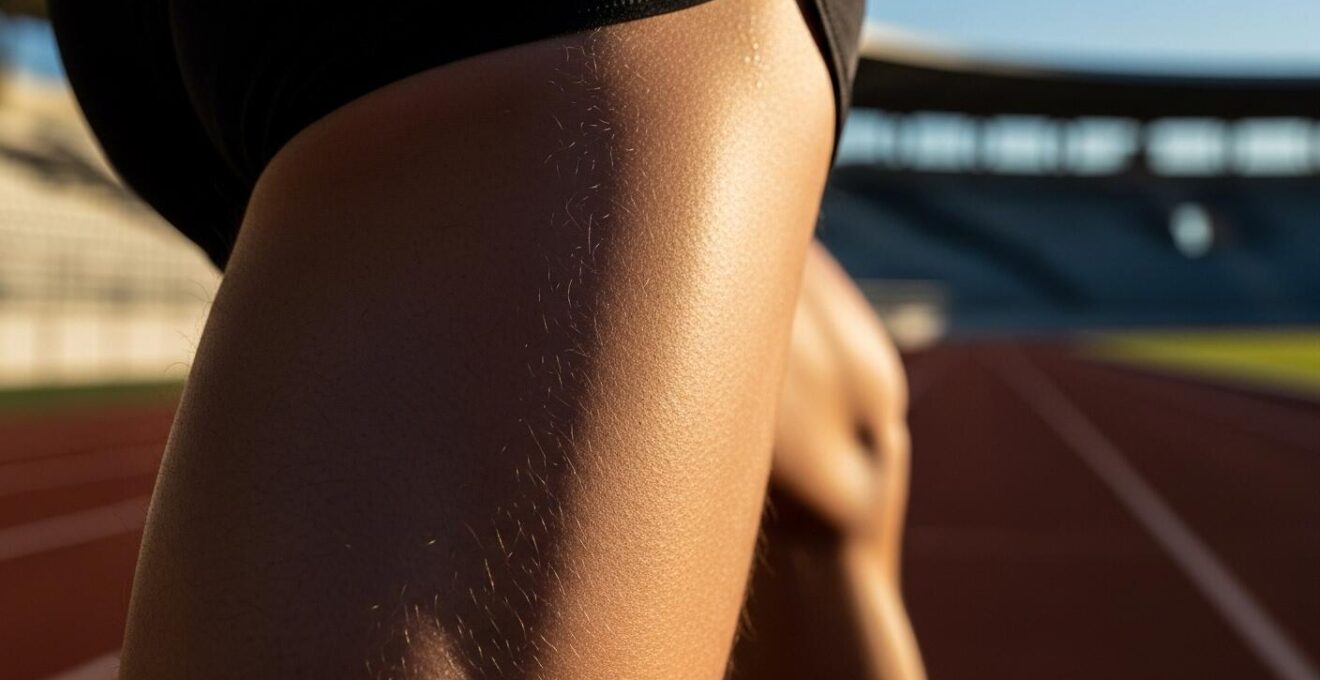 Vue détaillée des muscles fessiers d'un coureur en pleine action, illustrant leur rôle dans la puissance de la foulée.
