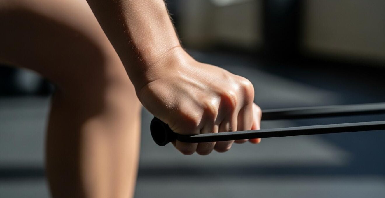 Un coureur réalisant des exercices de préparation avec une bande élastique avant sa course pour prévenir les douleurs articulaires.