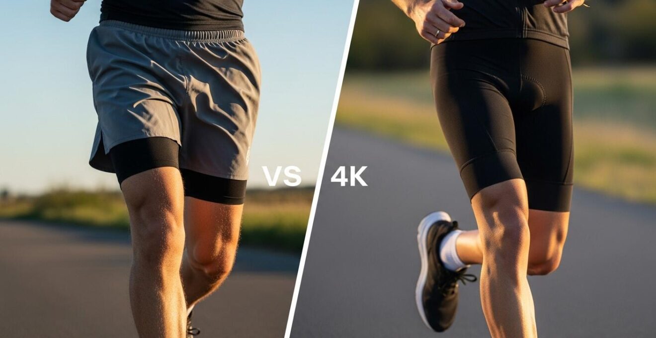 Coureur en tenue de running choisissant entre un short et un cuissard, en plein effort sur une piste naturelle