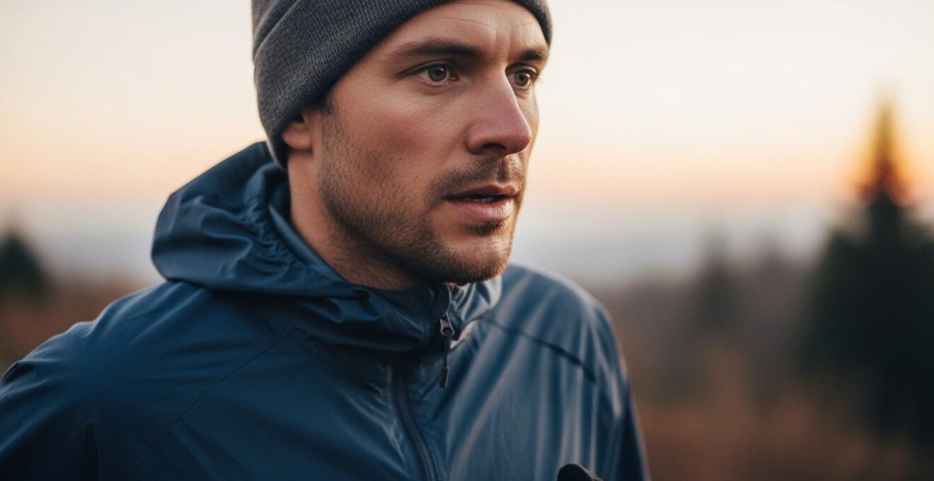 Un coureur méditatif au lever du jour sur un chemin de nature, incarnant volonté et résilience