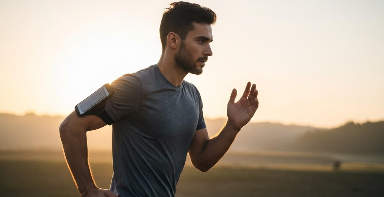 Coureur en pleine action dans un paysage naturel, visage concentré et serein, illustrant la force mentale et l'effet apaisant de la course.
