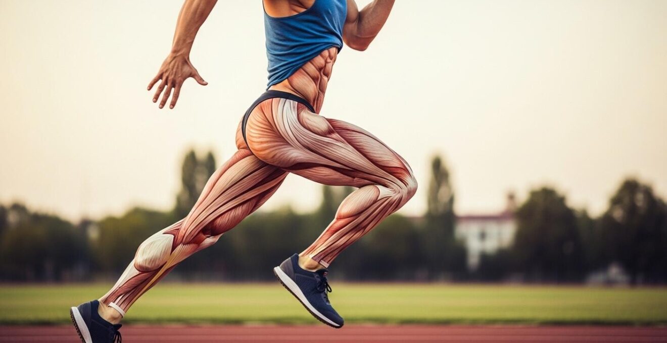 Coureur en train de courir avec une silhouette sculptée mettant en évidence les principaux muscles travaillés