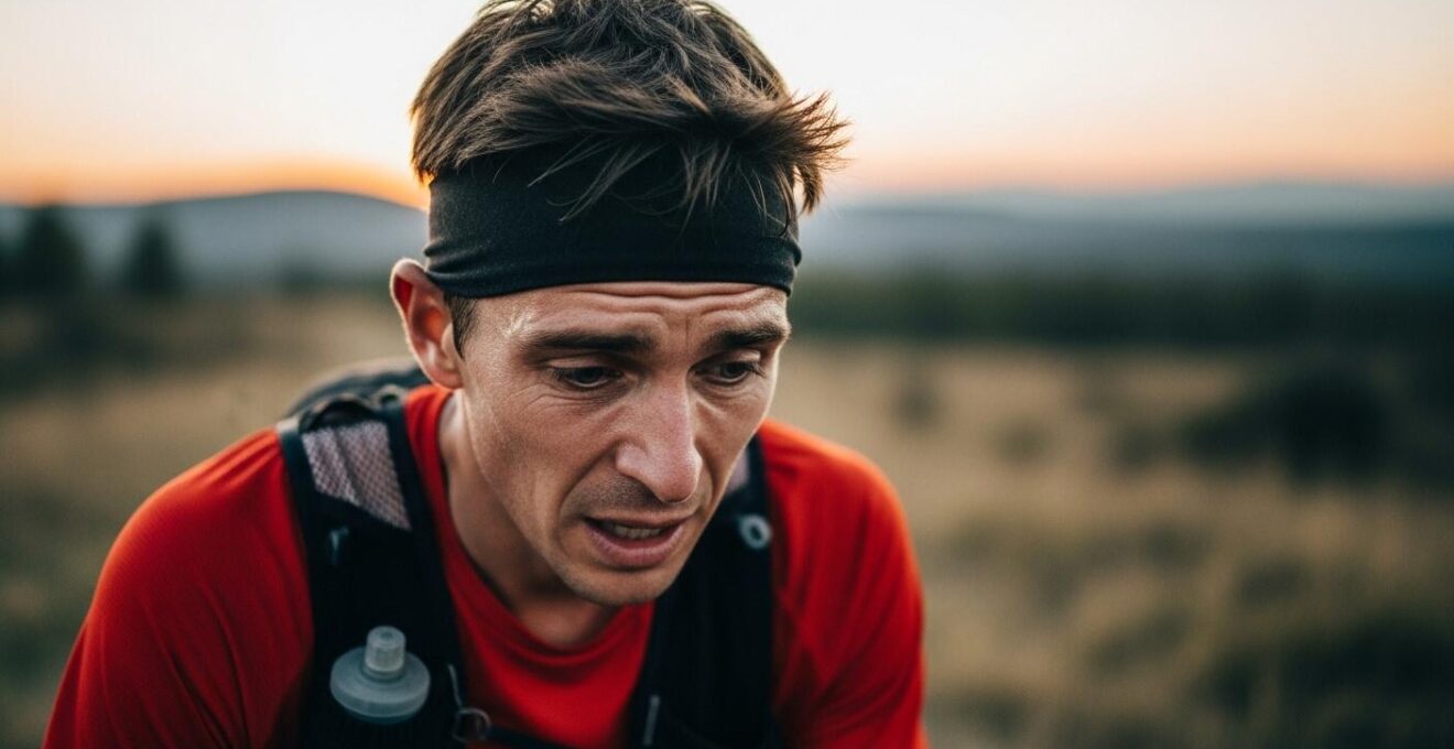 Photographie réaliste d'un coureur fatigué s'arrêtant en pleine course dans un paysage naturel de trail, lumière douce du matin