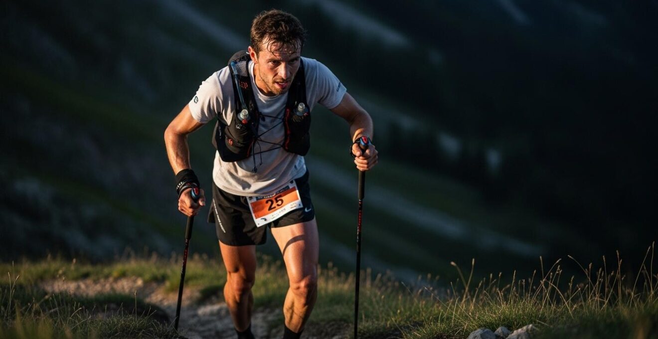 Photo symbolique montrant un ultra-traileur montant une pente raide en marchant, concentration et effort visible