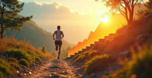Une image représentant un coureur en pleine progression, avec un graphique de montée graduelle, symbolisant la progression sécurisée dans la course à pied.