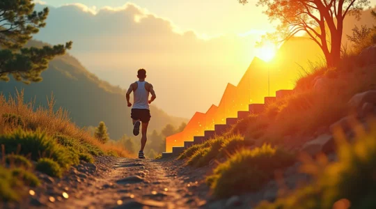 Une image représentant un coureur en pleine progression, avec un graphique de montée graduelle, symbolisant la progression sécurisée dans la course à pied.
