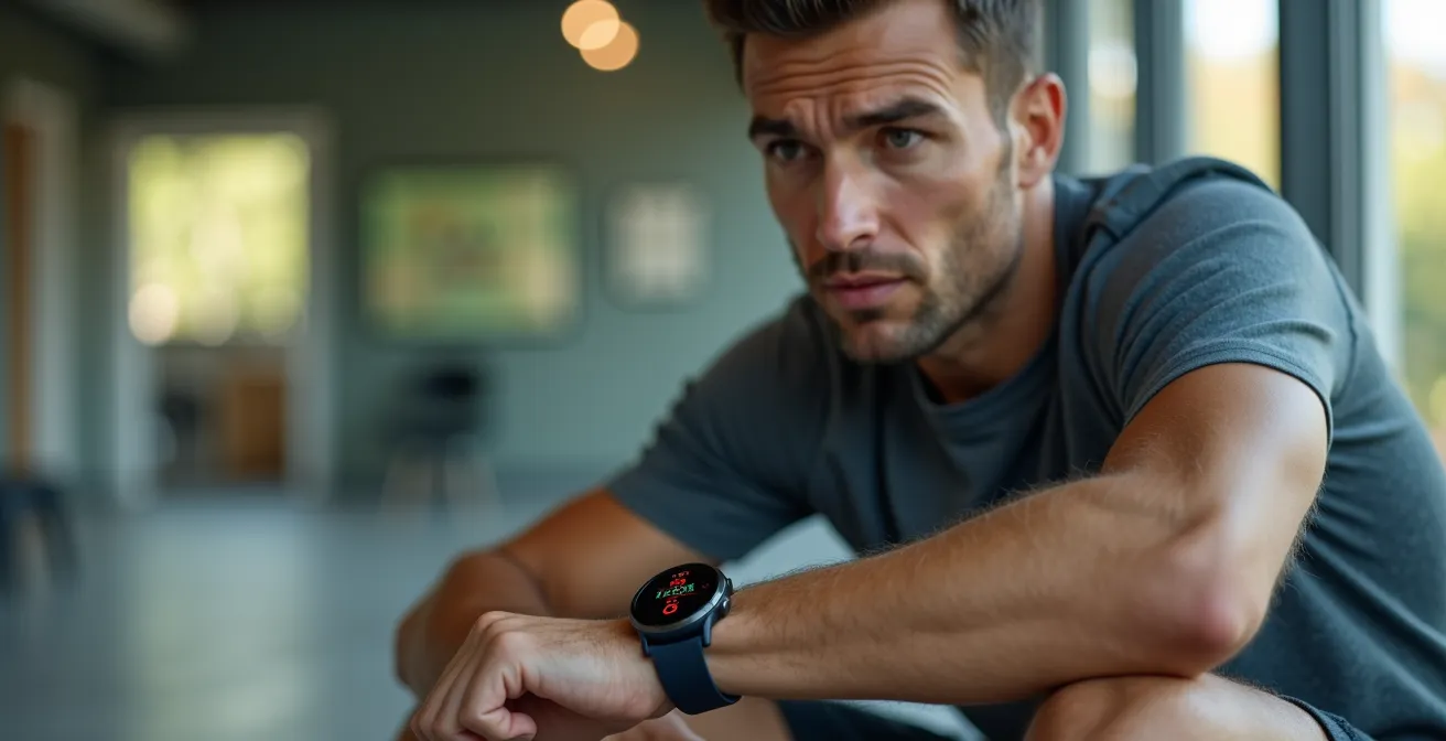 Illustration montrant un coureur analysant ses signes physiques et ses données de montre connectée pendant une séance de repos