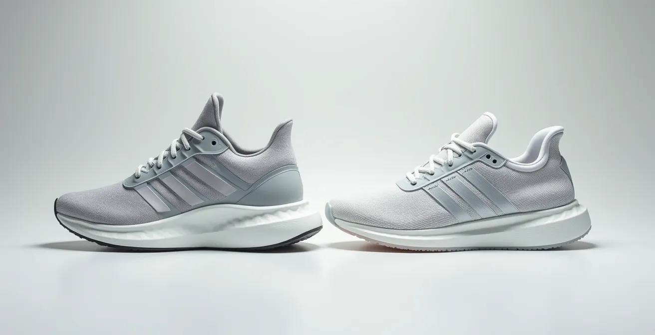 Comparaison visuelle contrastée d’une chaussure maximaliste avec beaucoup d’amorti et d’une chaussure minimaliste légère sur deux pieds différents