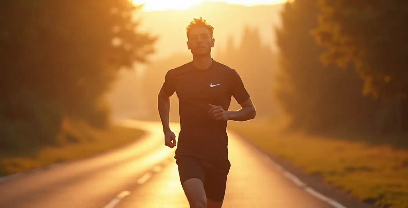 Un coureur en plein effort avec un équipement technique adapté, mettant en avant l'importance du confort en course à pied