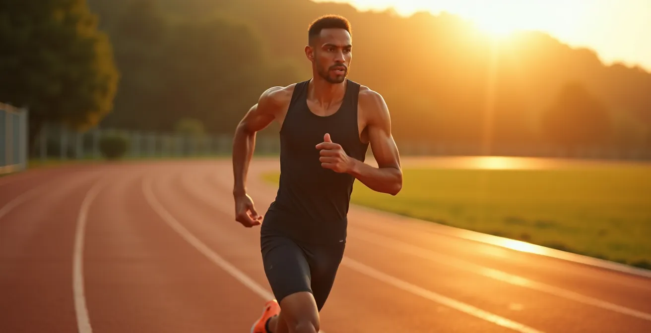 Un coureur en action portant un cuissard de running sur une piste avec un ciel clair, illustrant confort et performance
