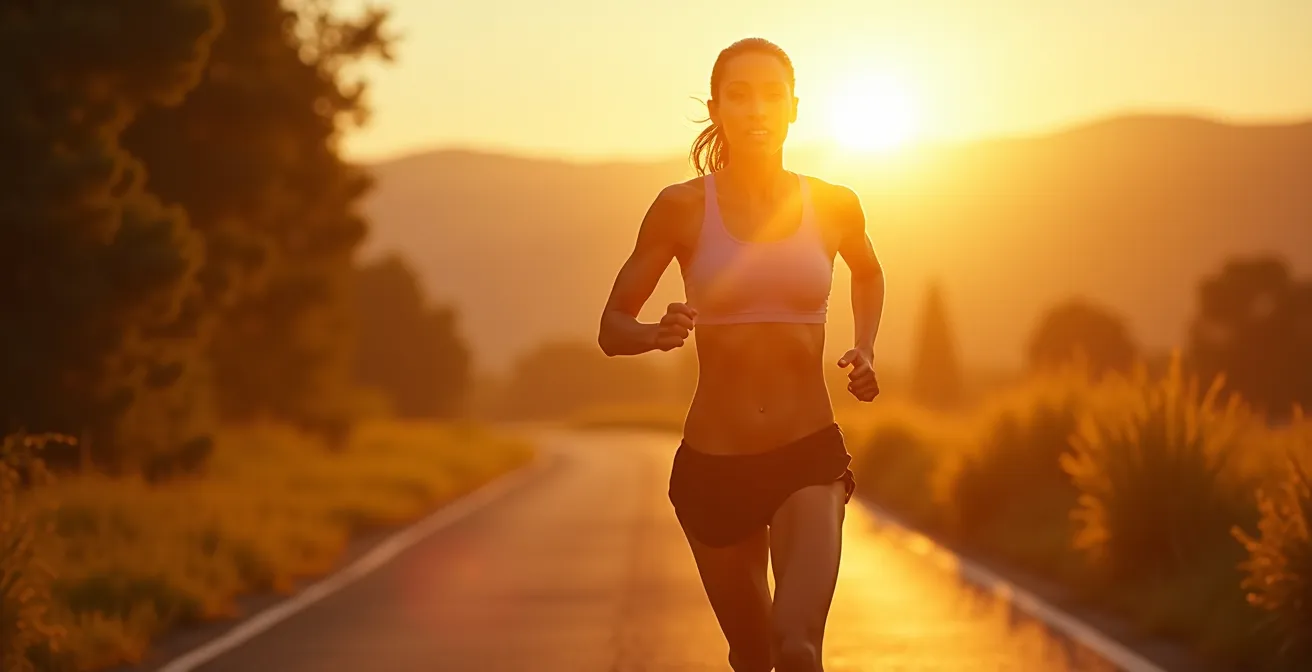 Un coureur en pleine course en extérieur illustrant la transformation corporelle naturelle liée à la course à pied