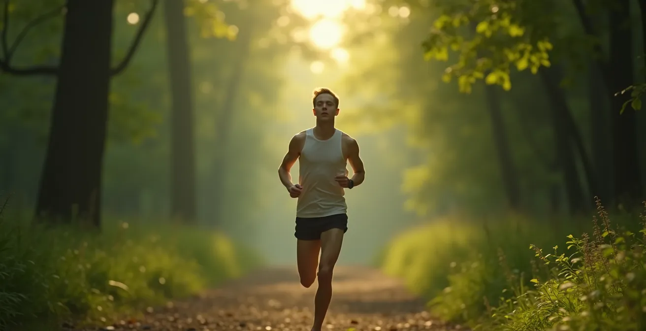 Personne courant en pleine nature, yeux fermés, respiration synchronisée et posture relaxée exprimant la méditation en mouvement