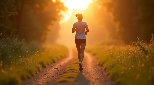 Course à pied tranquille dans un parc naturel au lever du soleil avec un coureur détendu