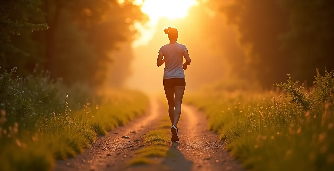 Course à pied tranquille dans un parc naturel au lever du soleil avec un coureur détendu