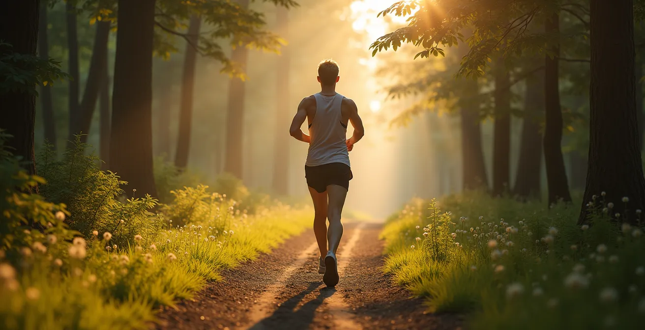 Coureur lent sur une piste forestière au matin favorisant la récupération physique
