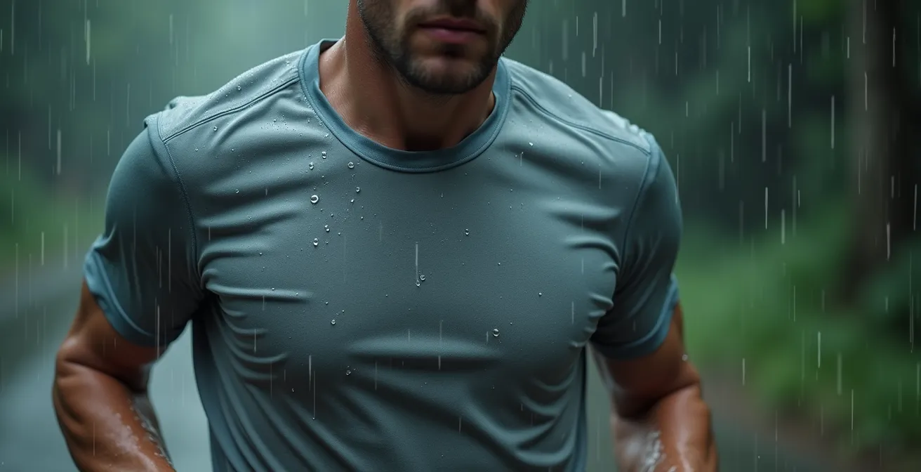 Coureur sous pluie avec un t-shirt en coton lourd et mouillé illustrant l'inconfort thermique