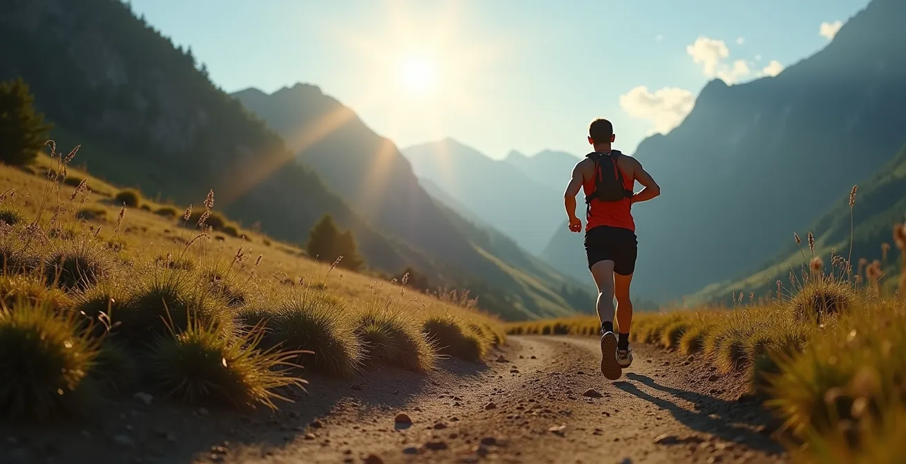 Un coureur intégrant des pauses de marche dans une course en montagne, illustrant la méthode Galloway