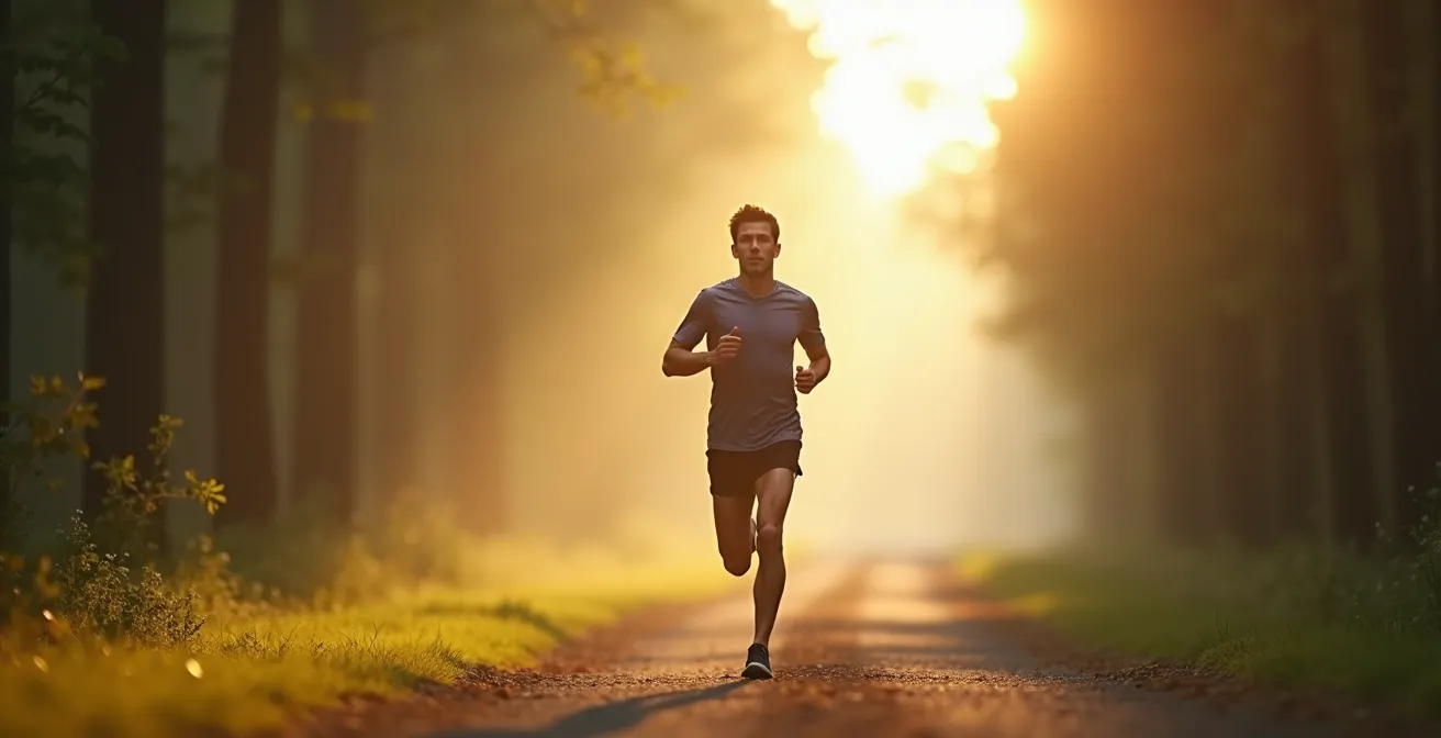 Un coureur serein sur un sentier forestier, illustrant la maîtrise et la discipline de la course lente selon le principe 80/20.