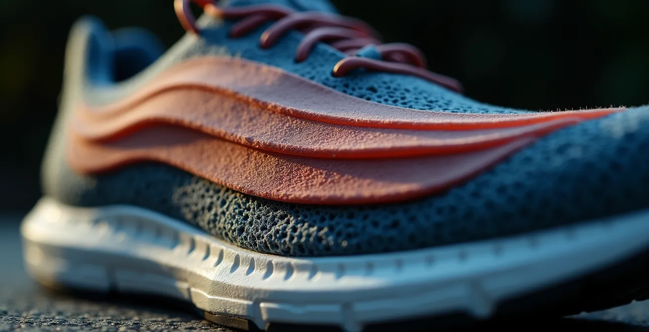 Gros plan sur une chaussure de running montrant une semelle à plusieurs couches avec un focus sur l'amorti et la protection contre les impacts