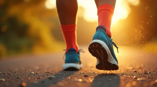 Vue en gros plan d'un coureur portant des chaussures de running avec des chaussettes techniques colorées visibles, mettant en évidence le pied et la chaussure en action sur un sentier urbain moderne.