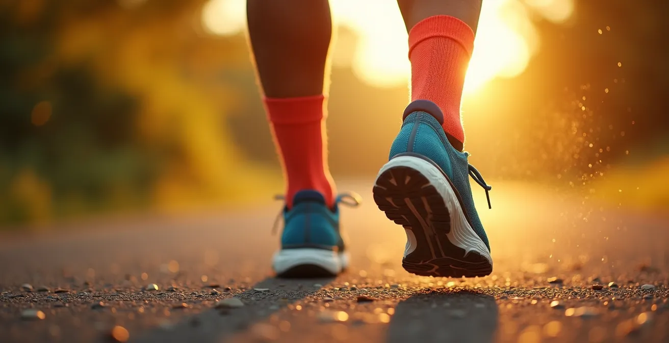 Vue en gros plan d'un coureur portant des chaussures de running avec des chaussettes techniques colorées visibles, mettant en évidence le pied et la chaussure en action sur un sentier urbain moderne.