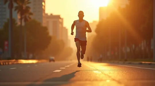 Runner maintaining a moderate pace in a visually dynamic environment symbolizing endurance and speed