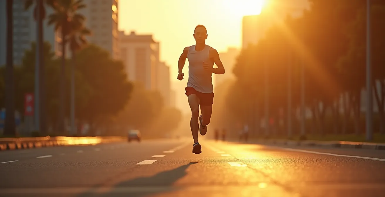 Runner maintaining a moderate pace in a visually dynamic environment symbolizing endurance and speed