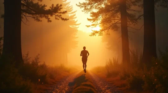 Un coureur traversant un paysage naturel au lever du soleil, symbolisant la force mentale et la résilience à travers le running.