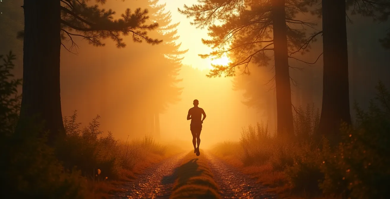 Un coureur traversant un paysage naturel au lever du soleil, symbolisant la force mentale et la résilience à travers le running.