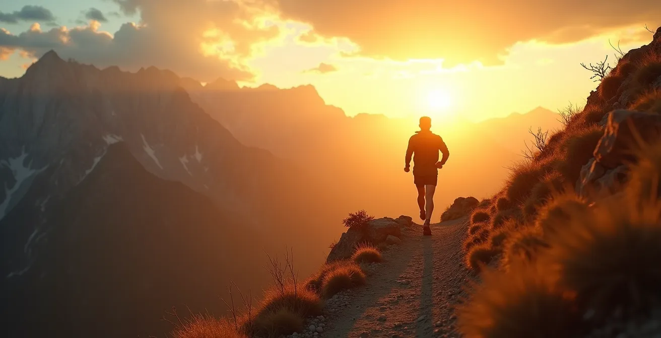 Une silhouette courant sur une montagne au lever du soleil, symbolisant la discipline et la force mentale acquises par la course