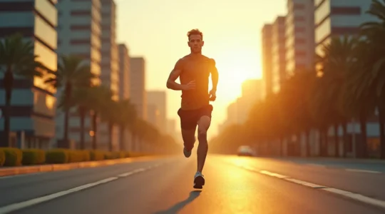 Personne courant tôt le matin dans un environnement urbain avec un agenda chargé en toile de fond, symbolisant l'intégration de la course dans un emploi du temps occupé