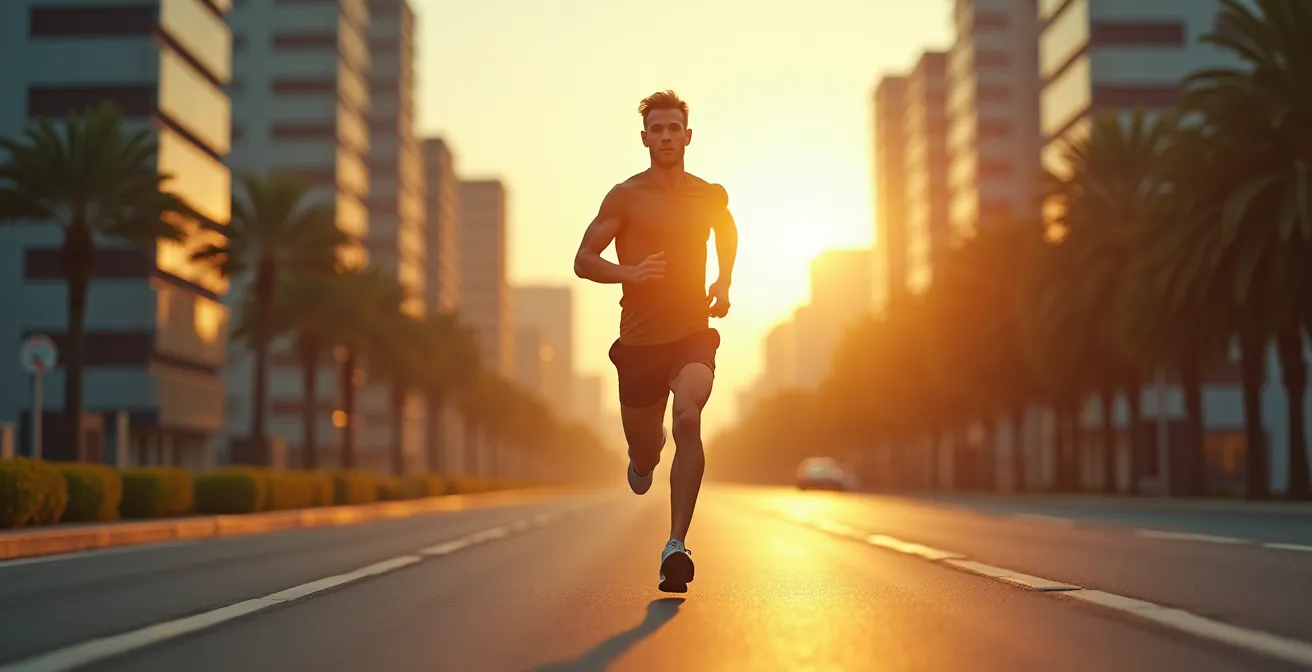 Personne courant tôt le matin dans un environnement urbain avec un agenda chargé en toile de fond, symbolisant l'intégration de la course dans un emploi du temps occupé